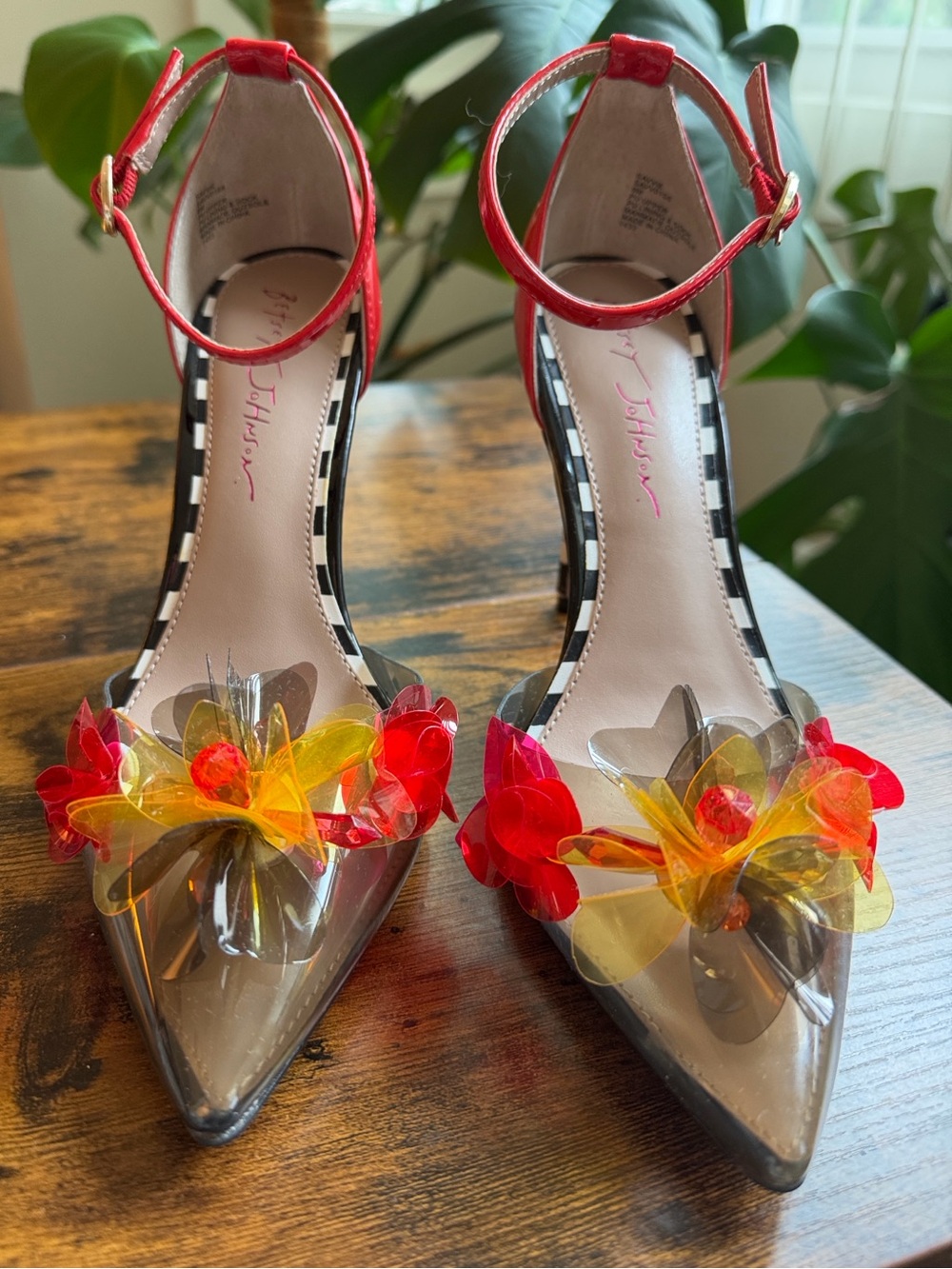 Betsey Johnson Floral Clear Heels Striped Stiletto Ankle Strap Size 8